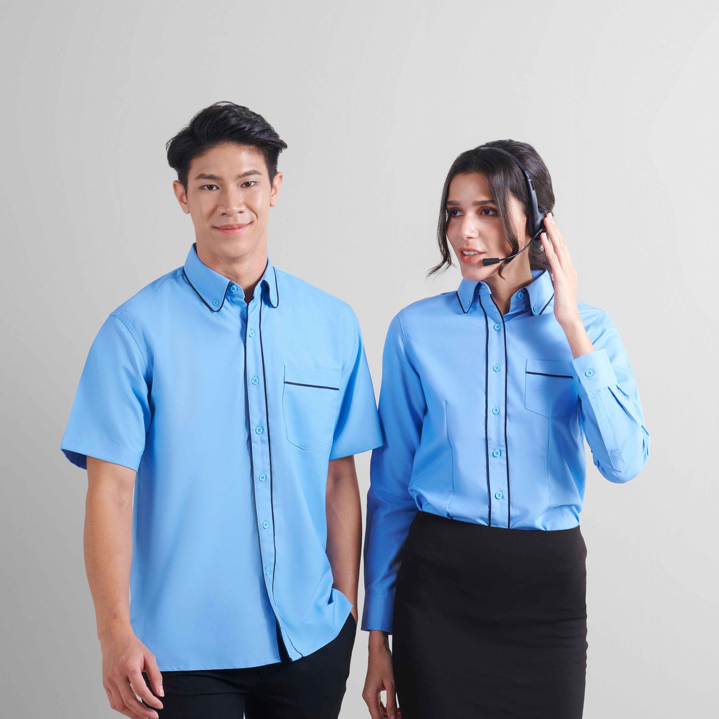 F148 unisex and F149 female corporate uniform shirts worn by models