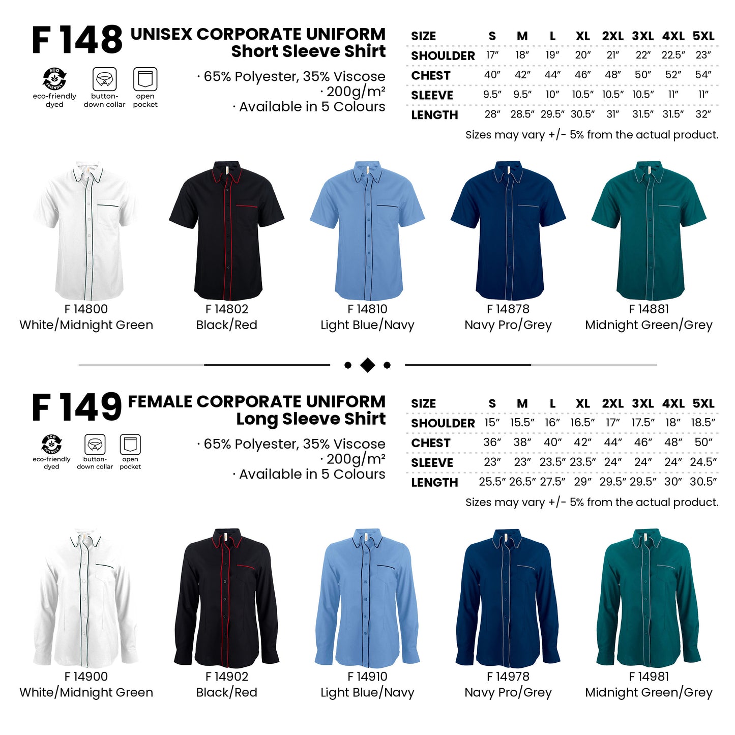 F148 and F149 size charts and all 5 colours with codes and names