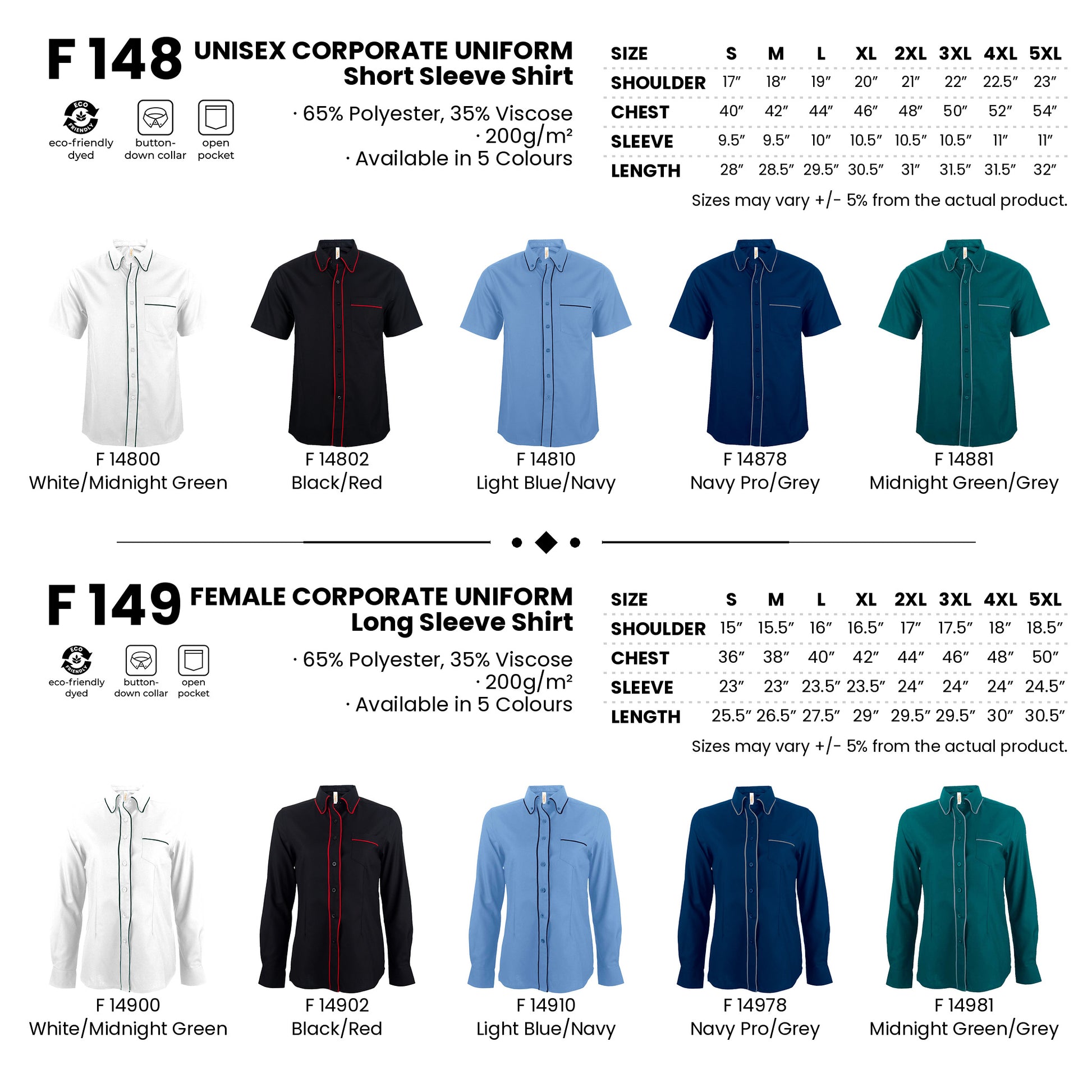 F148 and F149 size charts and all 5 colours with codes and names