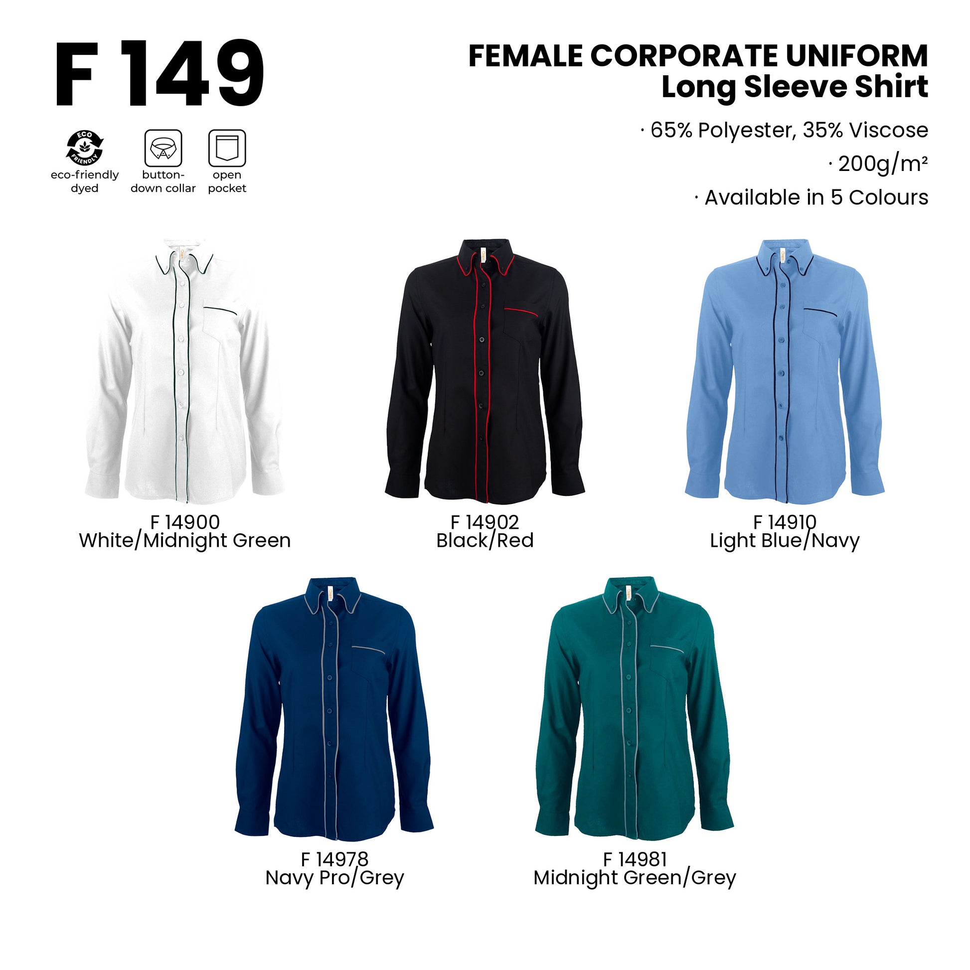 F149 product details - fabric, features and all 5 colours