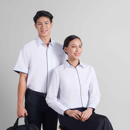 F150 unisex and F151 female corporate uniform shirts worn by models