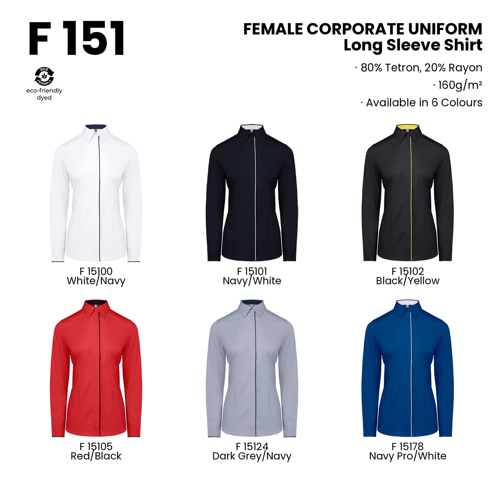 F151 product details - fabric, features and all 6 colours