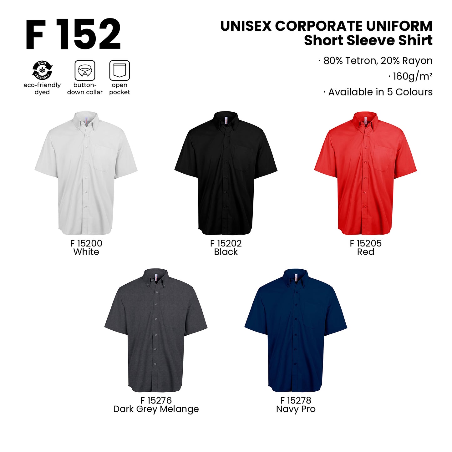 F152 product details - fabric, features and all 5 colours