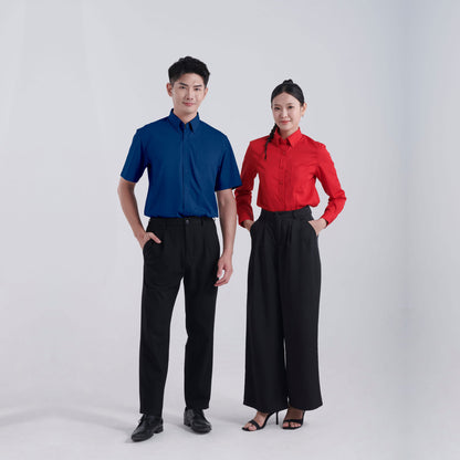 F152 unisex and F153 female corporate uniform shirts worn by models
