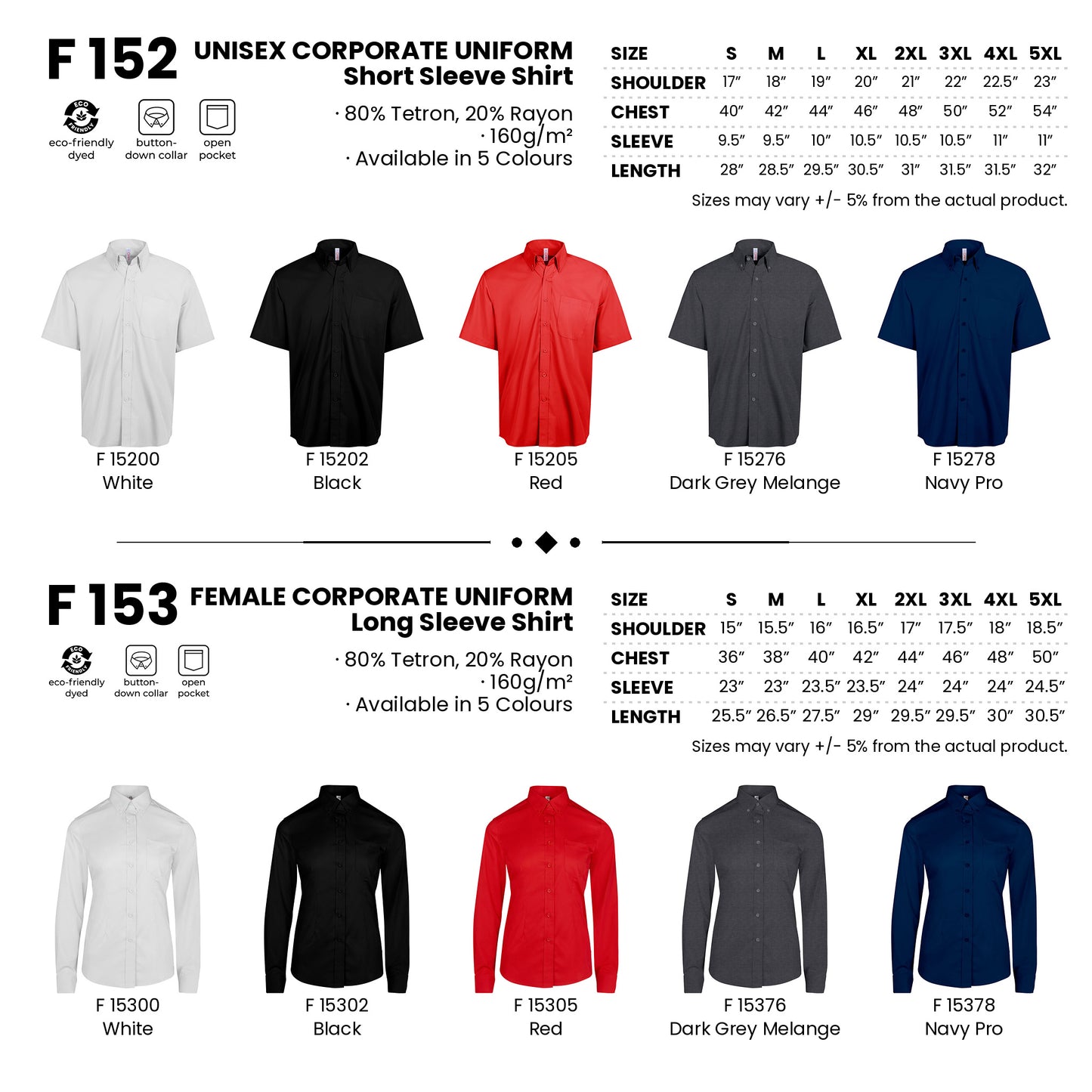 F152 and F153 size charts and all 5 colours with codes and names