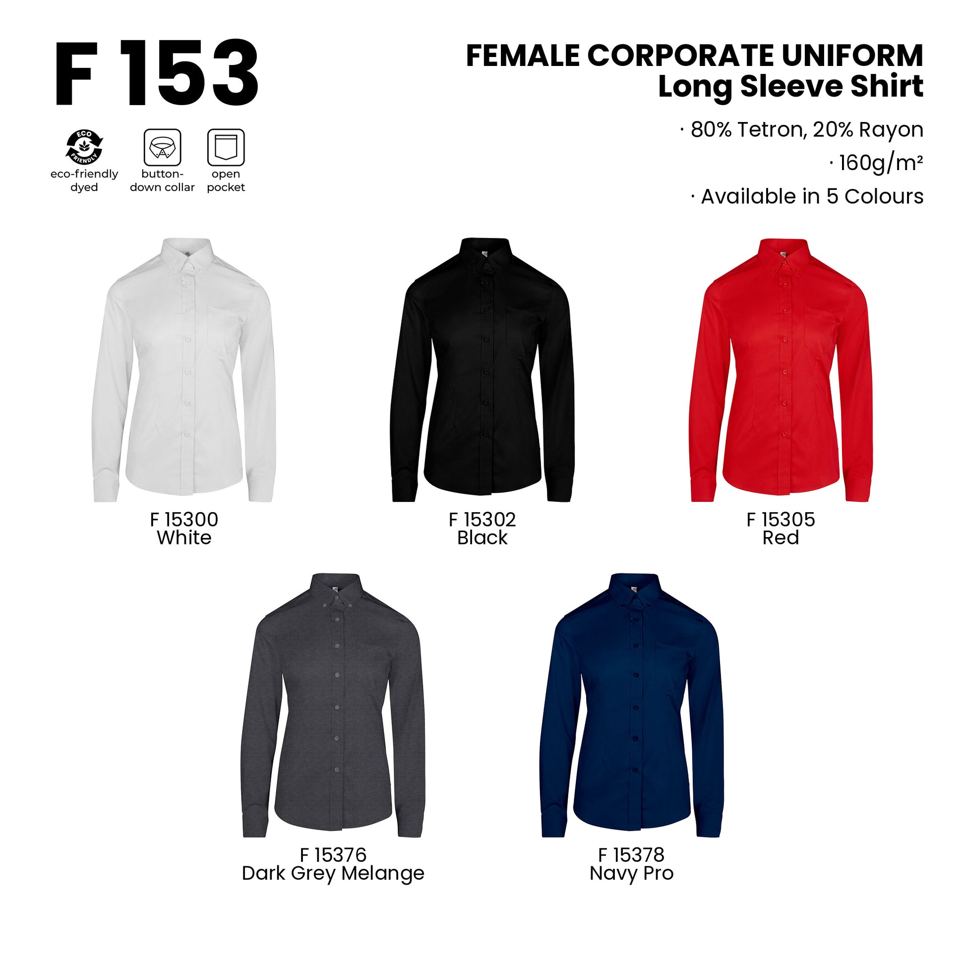 F153 product details - fabric, features and all 5 colours