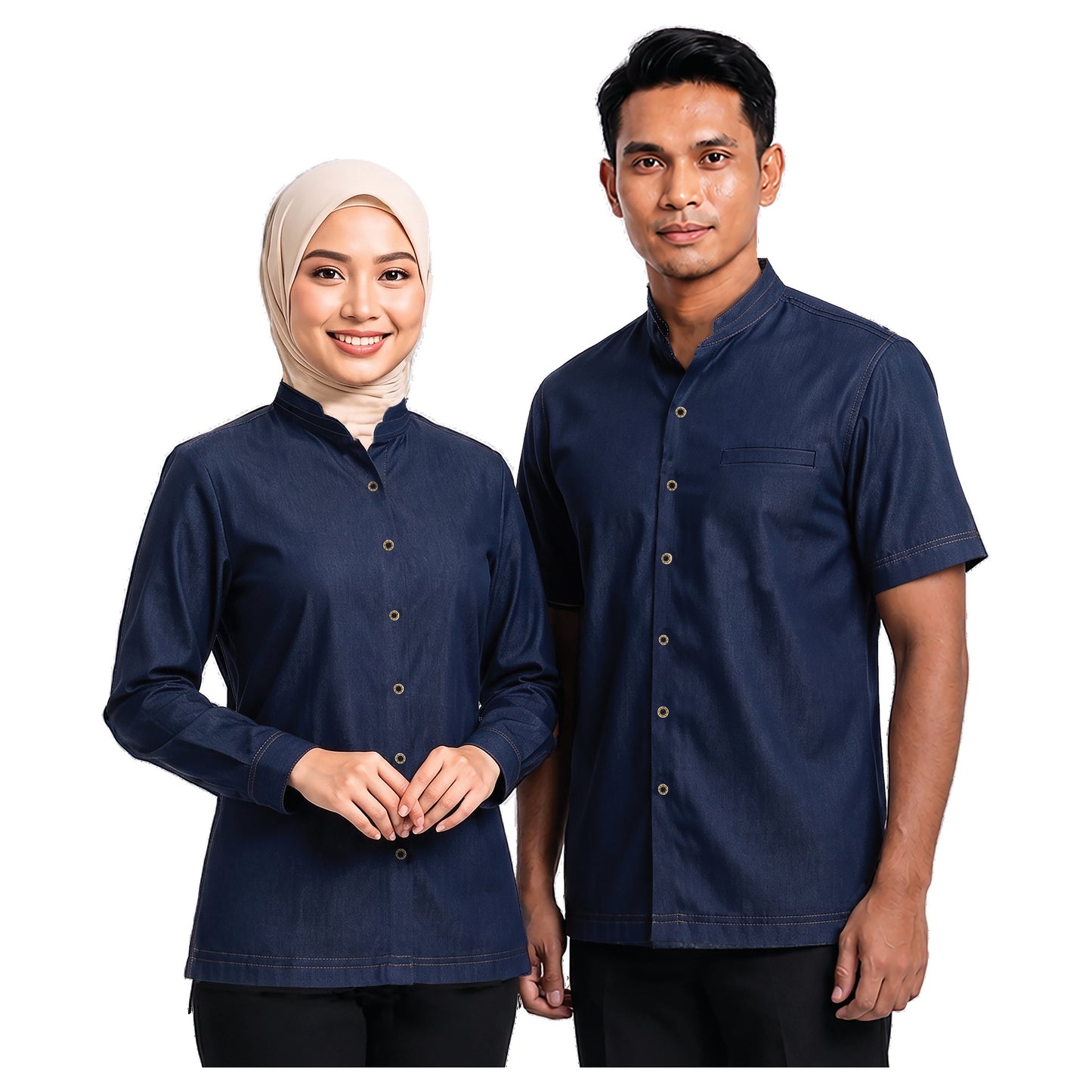 FD-807 and FD-907 corporate uniform shirts worn by models