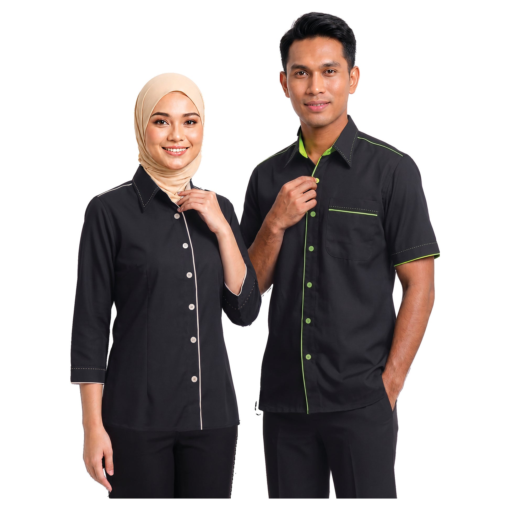 FP-812 and FP-912 corporate uniform shirts worn by models