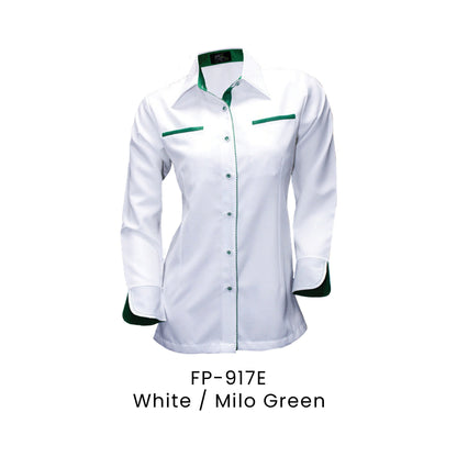 FP-917E White / Milo Green - FP-917 female corporate uniform shirt