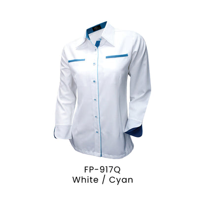FP-917Q White / Cyan - FP-917 female corporate uniform shirt