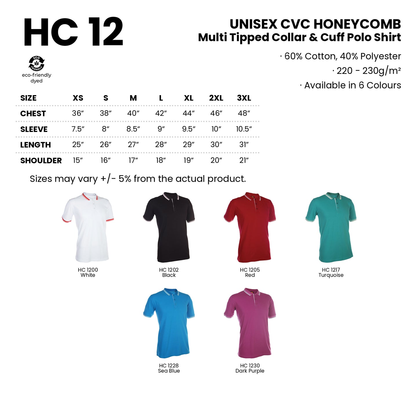 HC12 size chart from XS to 3XL with measurements