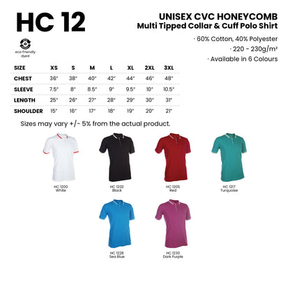 HC12 size chart from XS to 3XL with measurements
