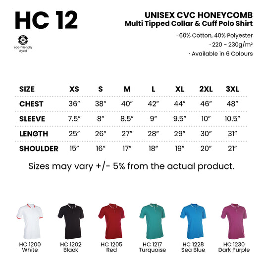 HC12 size chart and all 6 colours with codes and names