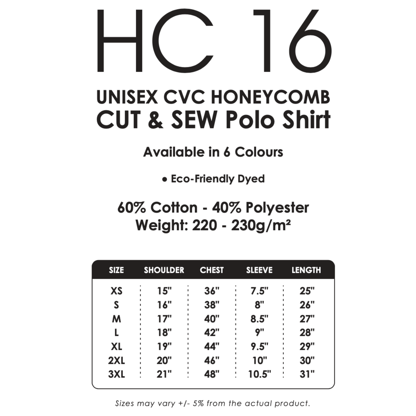 Polo - Honeycomb Cut & Sew | Unisex | 220gsm | Size Chart | HC16