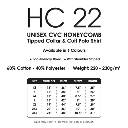 Polo | CVC Honeycomb | Tipped Collar & Cuff | Unisex | 220gsm | Size Chart | HC22