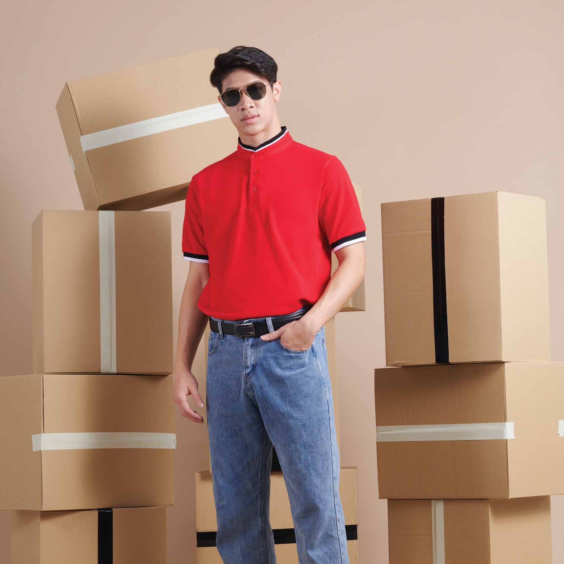 HC23 stand collar polo shirt worn by a model