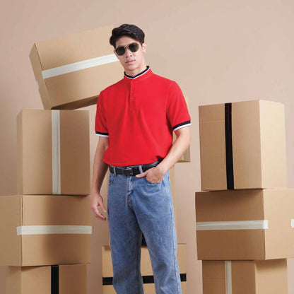 HC23 stand collar polo shirt worn by a model