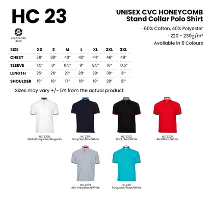 HC23 size chart from XS to 3XL with measurements