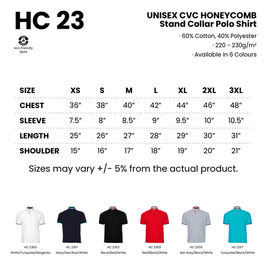HC23 size chart and all 6 colours with codes and names