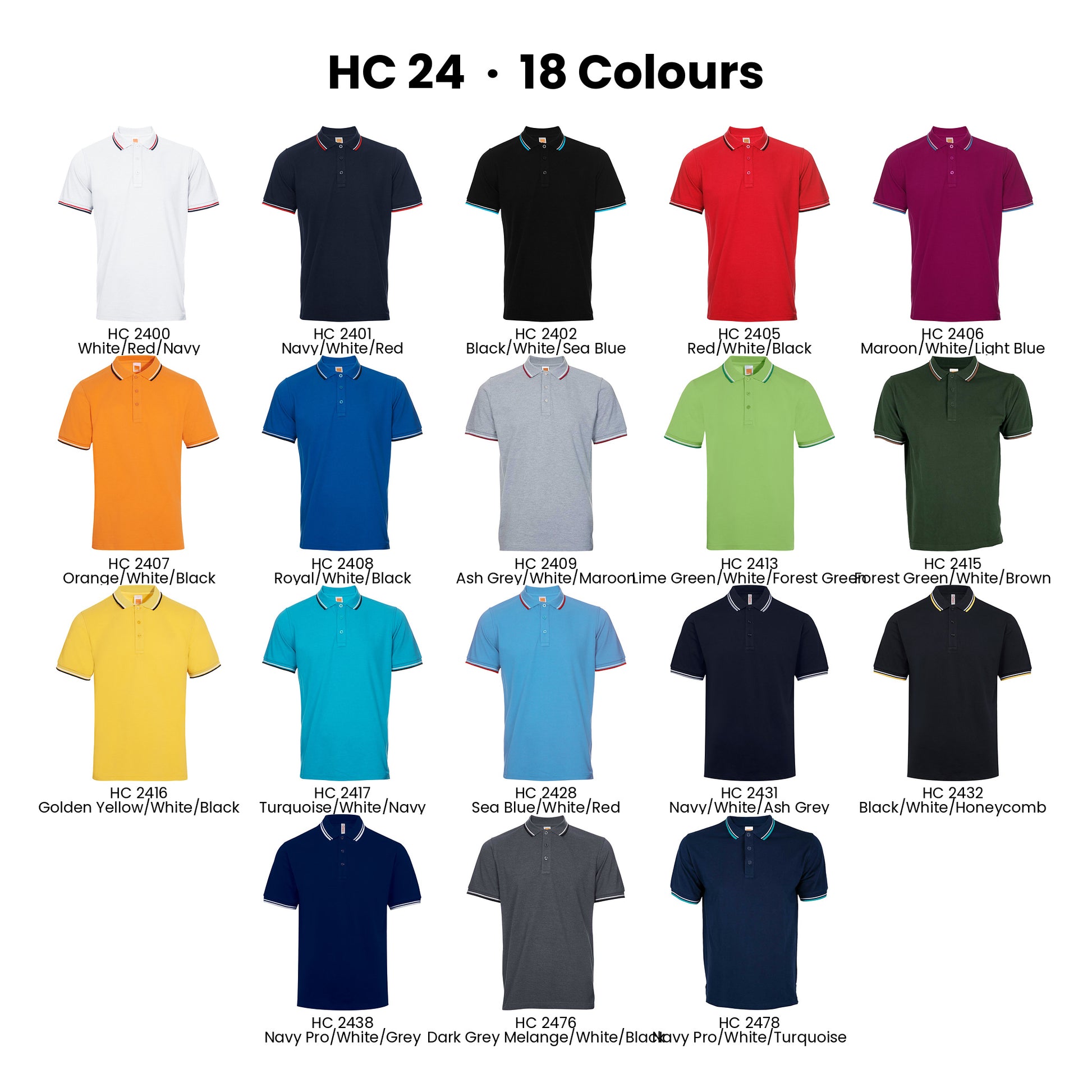 HC24 colour chart - all 18 honeycomb polo shirt colours with codes and names
