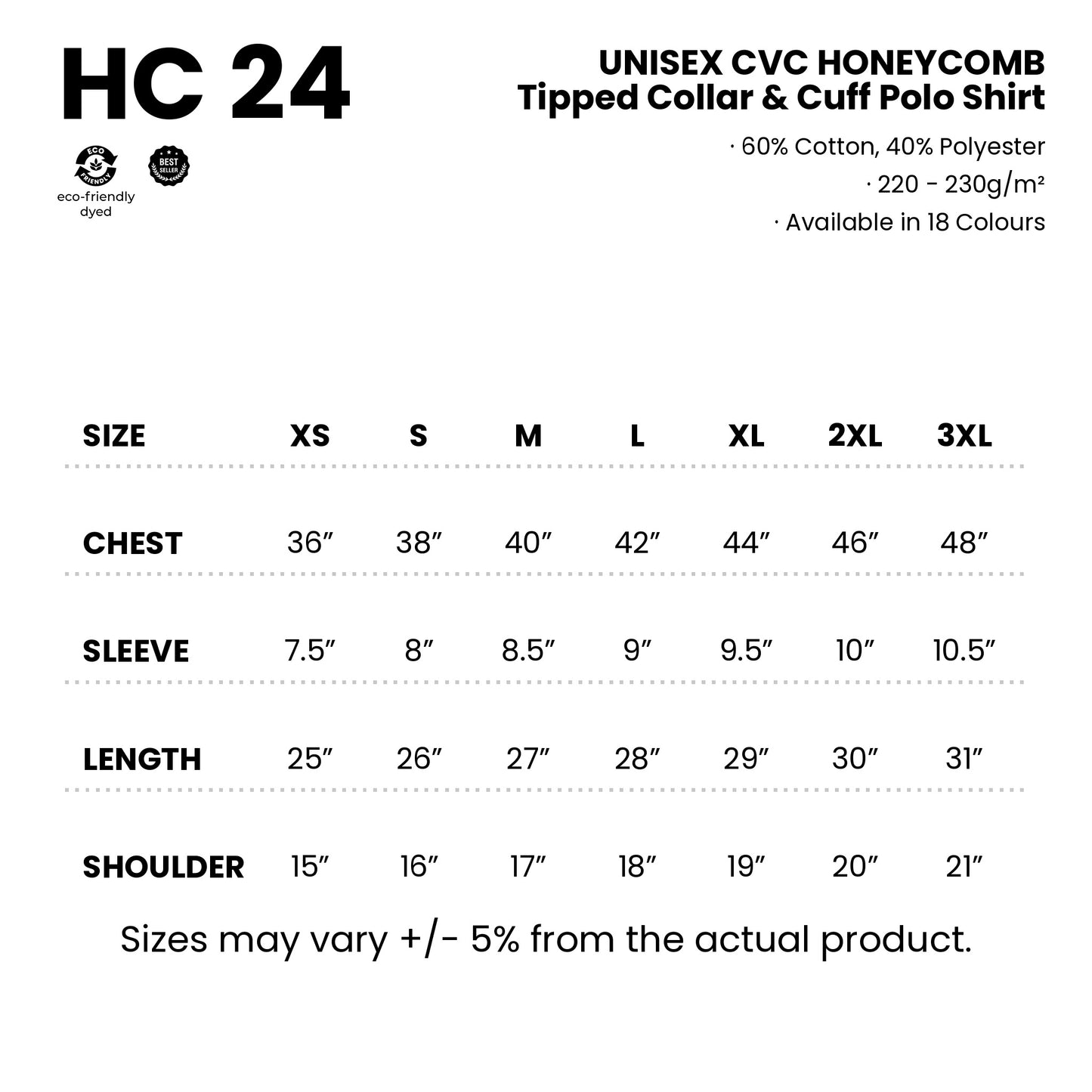 HC24 size chart from XS to 3XL with measurements