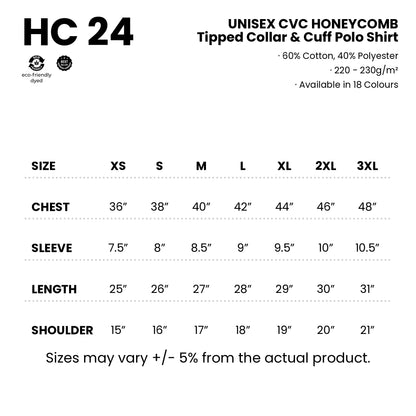 HC24 size chart from XS to 3XL with measurements