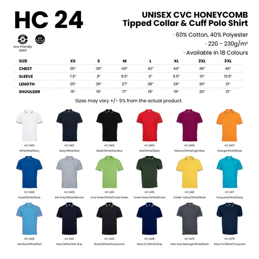 HC24 size chart and all 18 colours with codes and names