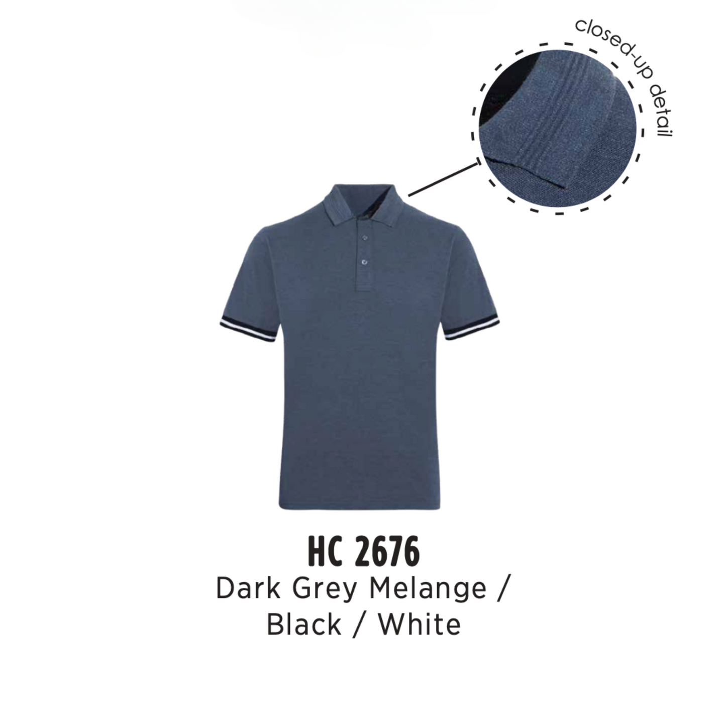 hc2676-custom-polo-unisex-cvc-honeycomb-dark-grey-melange-black-white