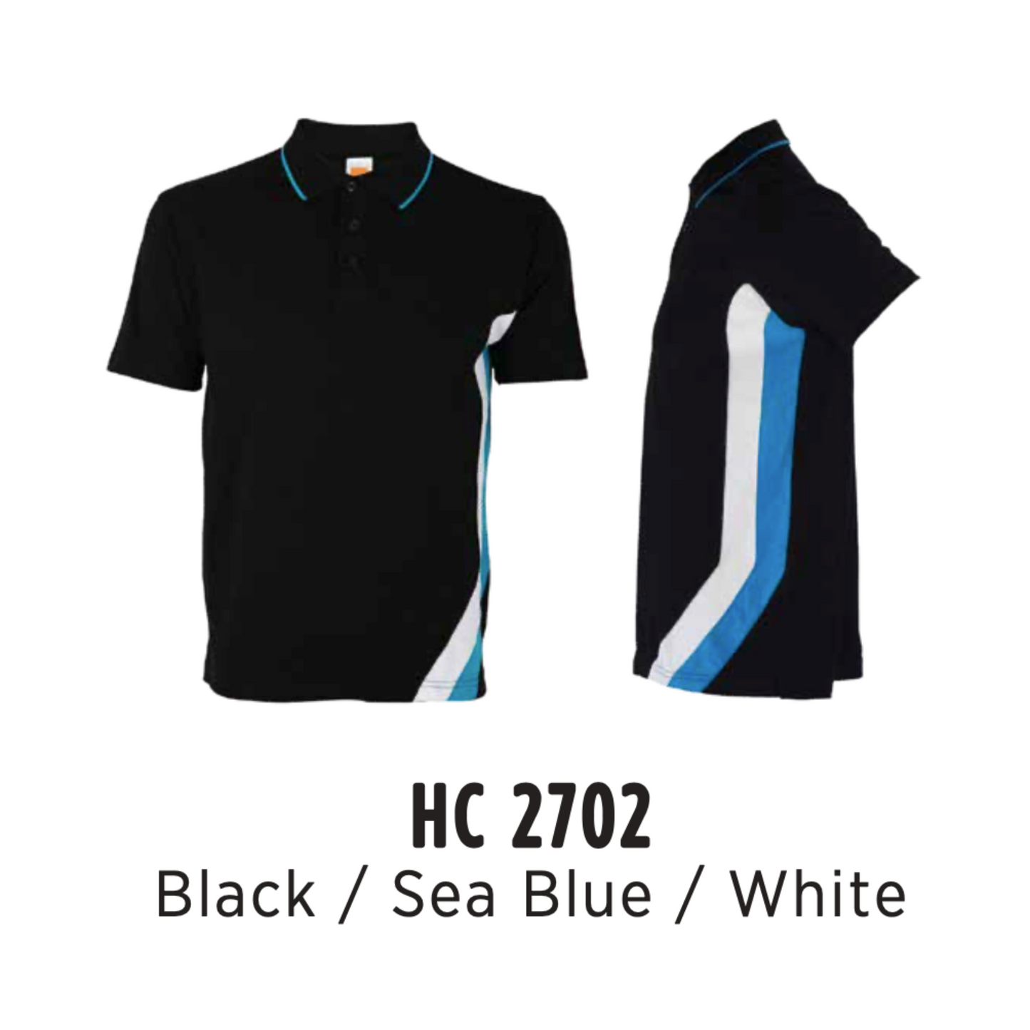 Polo | CVC Honeycomb | Cut & Sew | Unisex | 220gsm | Black/Sea Blue/White | HC2702