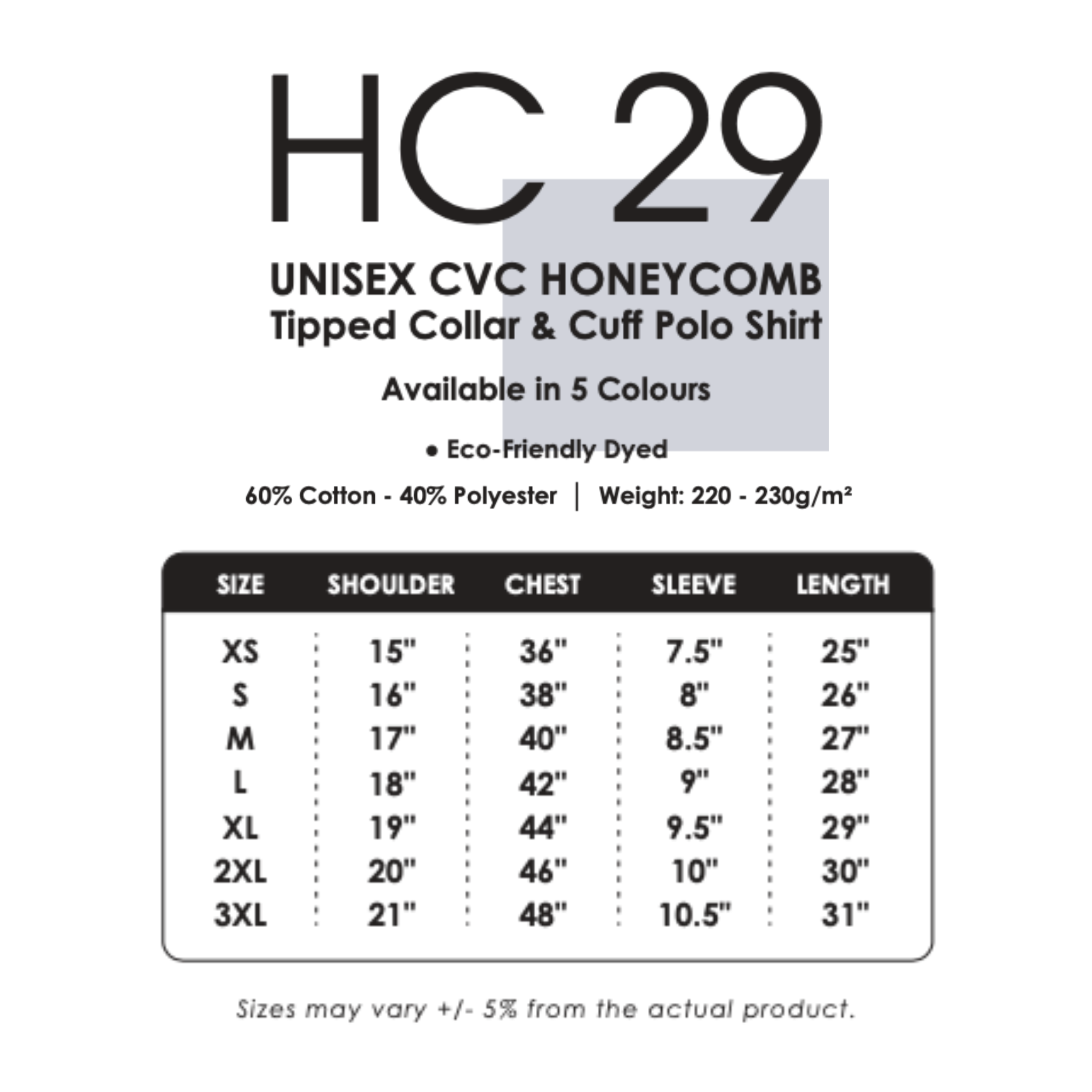 Polo - CVC Honeycomb | Tipped Collar & Cuff | Unisex | 220gsm | HC29 ...