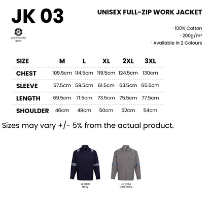 JK03 size chart from M to 3XL with measurements