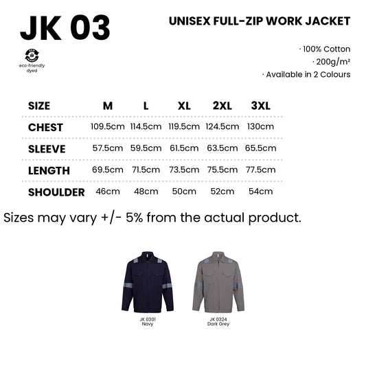 JK03 size chart from M to 3XL with measurements