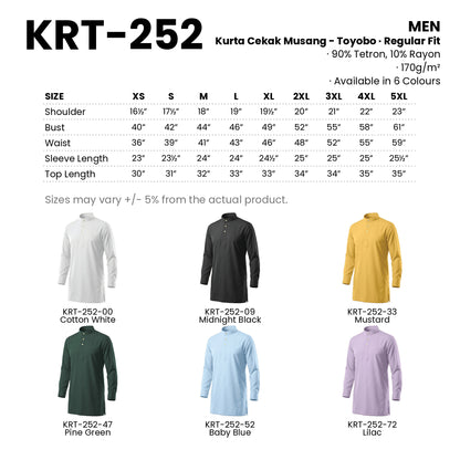 KRT-252 size chart and all 6 colourways with codes and names