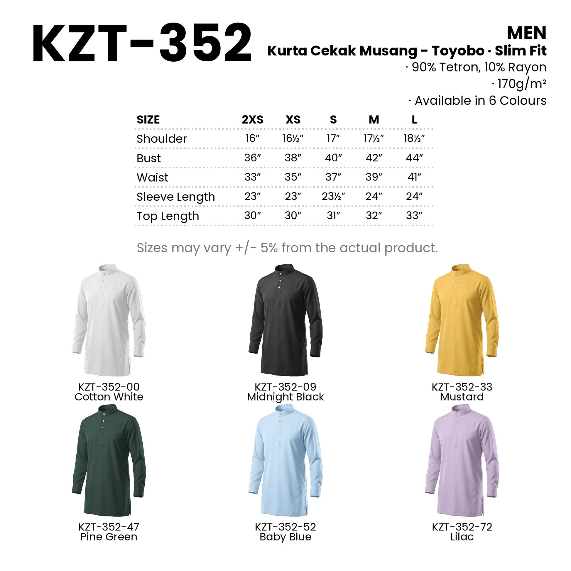 KZT-352 size chart and all 6 colourways with codes and names