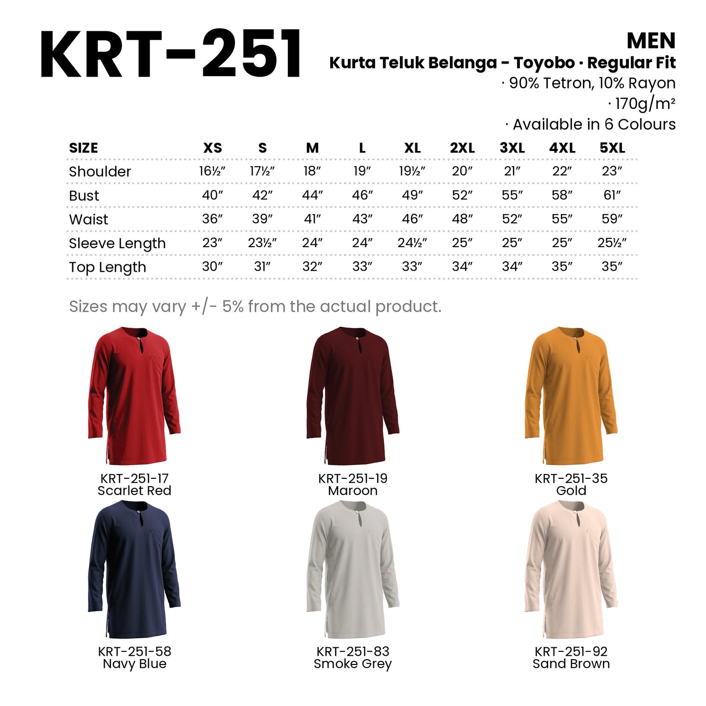 KRT-251 size chart and all 6 colourways with codes and names