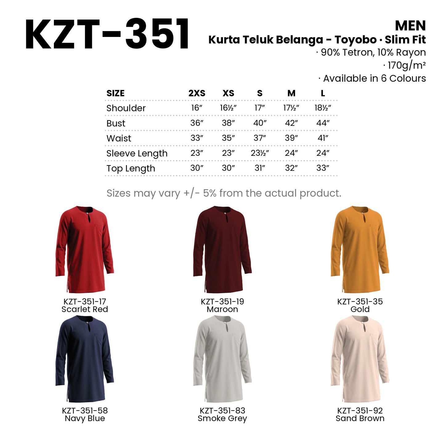 KZT-351 size chart and all 6 colourways with codes and names