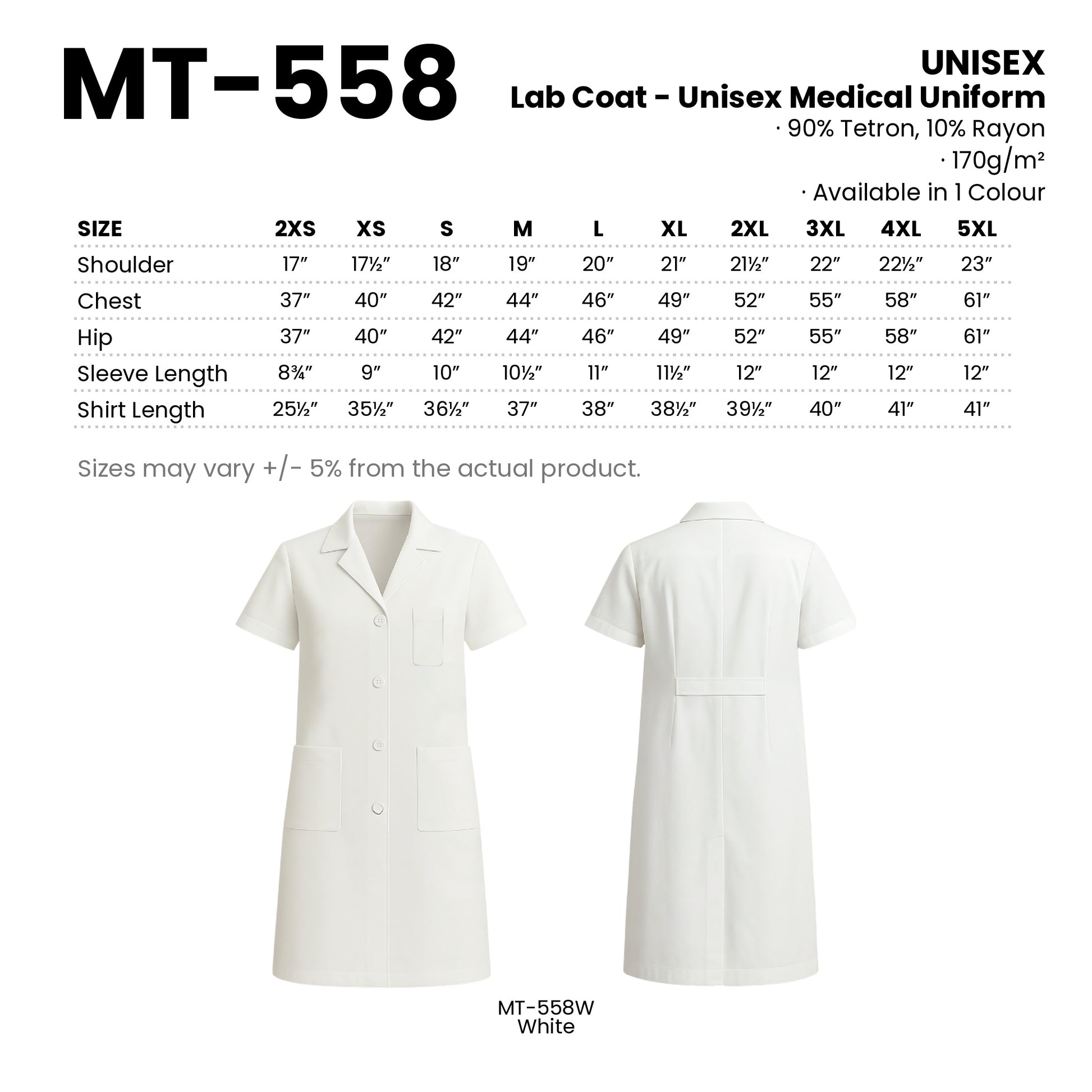 MT-558 size chart and all 1 colourway with codes and names