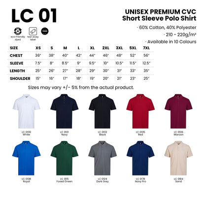 LC01 size chart from XS to 7XL with measurements