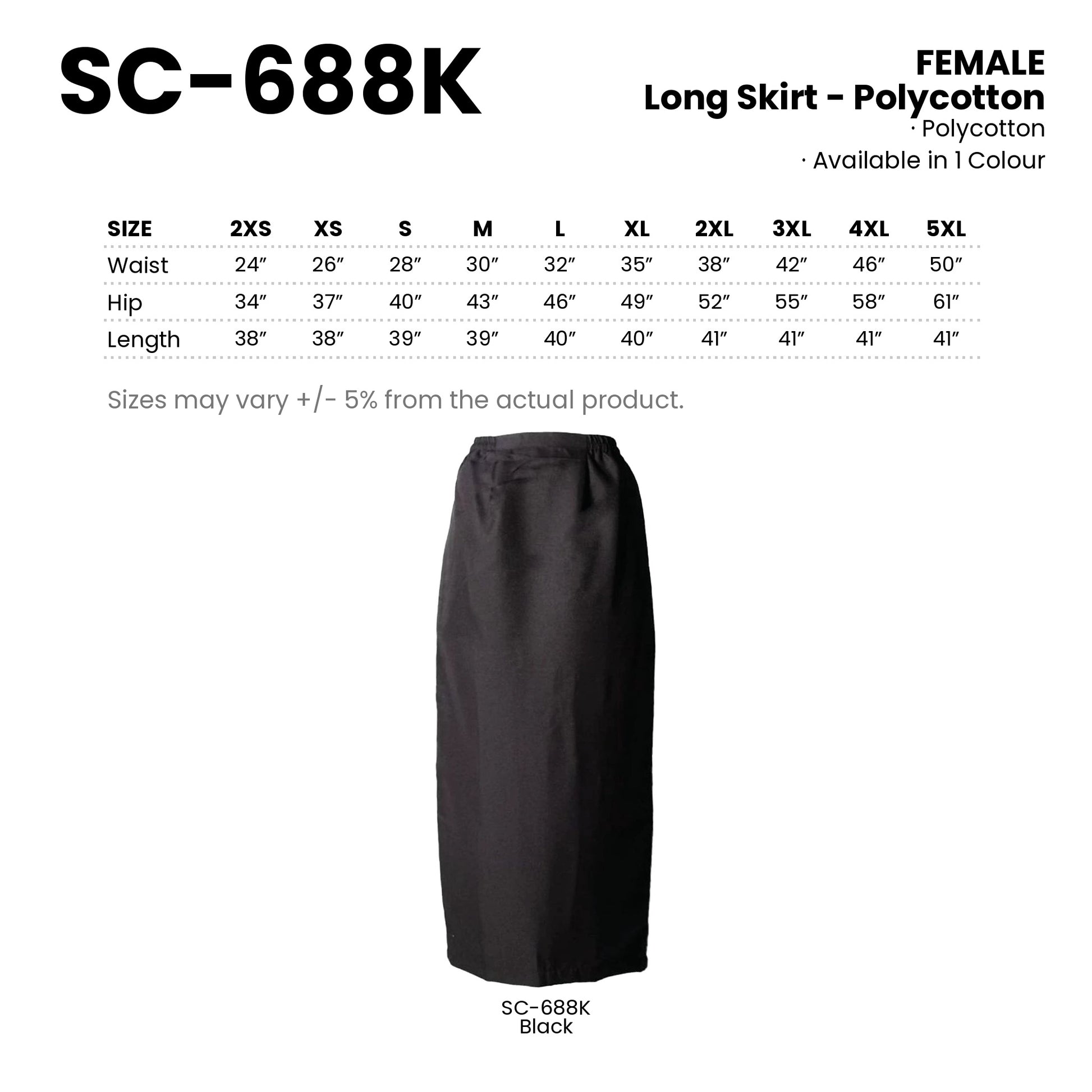 SC-688K size chart and all 1 colourway with codes and names