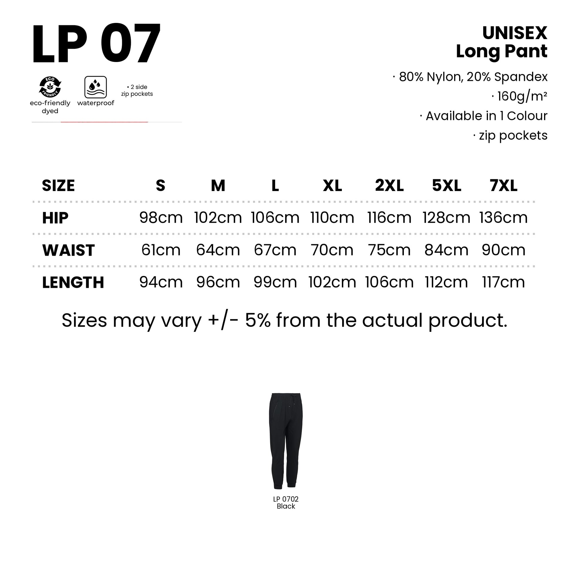 LP07 size chart from S to 7XL with measurements