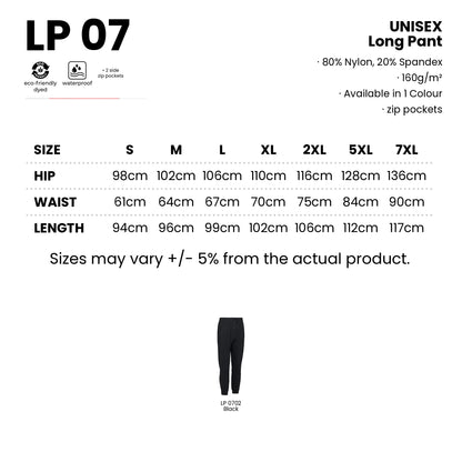 LP07 size chart from S to 7XL with measurements