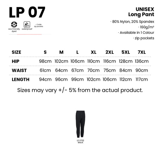LP07 size chart from S to 7XL with measurements