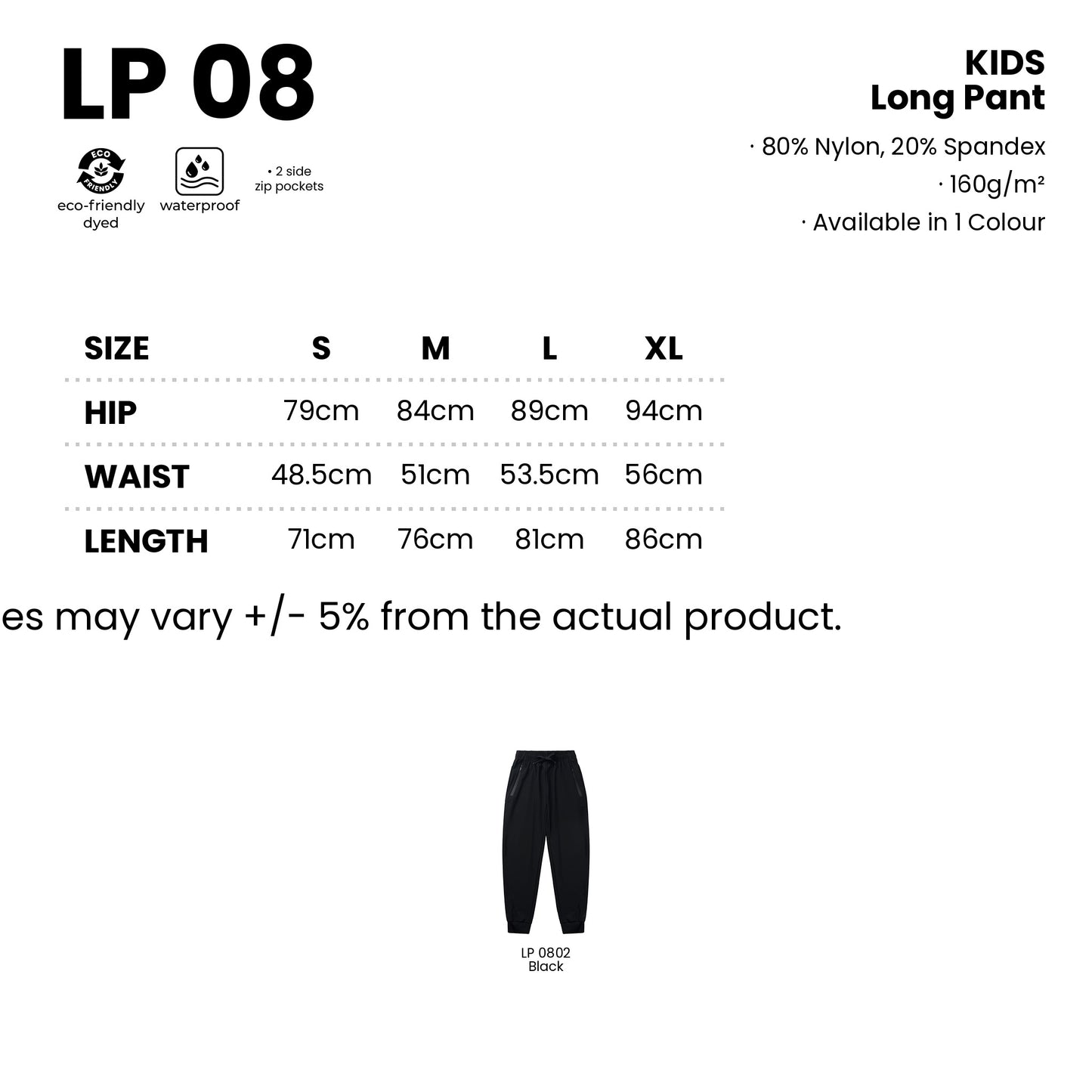 LP08 size chart from S to XL with measurements