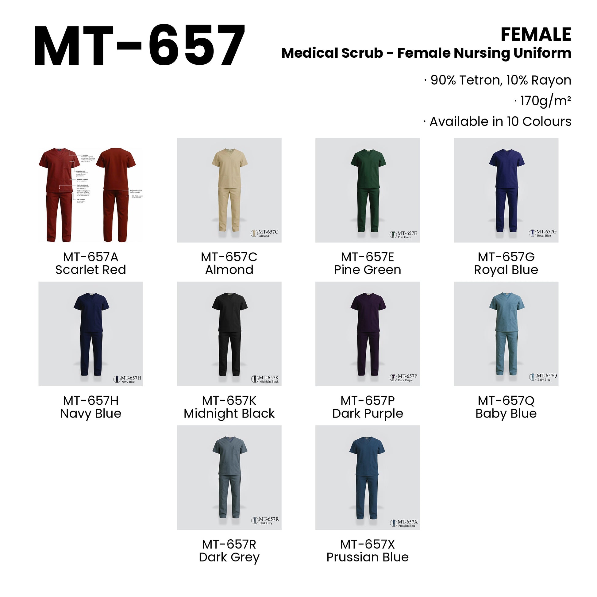 MT-657 — all 10 colourways with codes and names