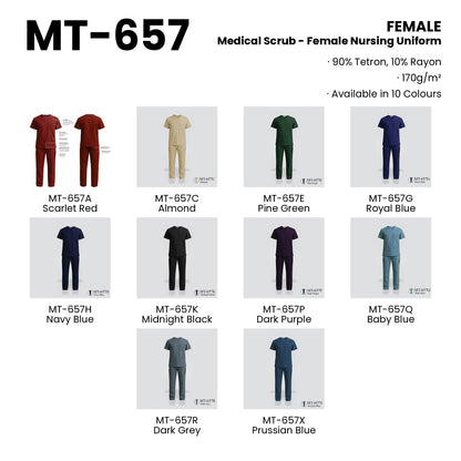 MT-657 — all 10 colourways with codes and names