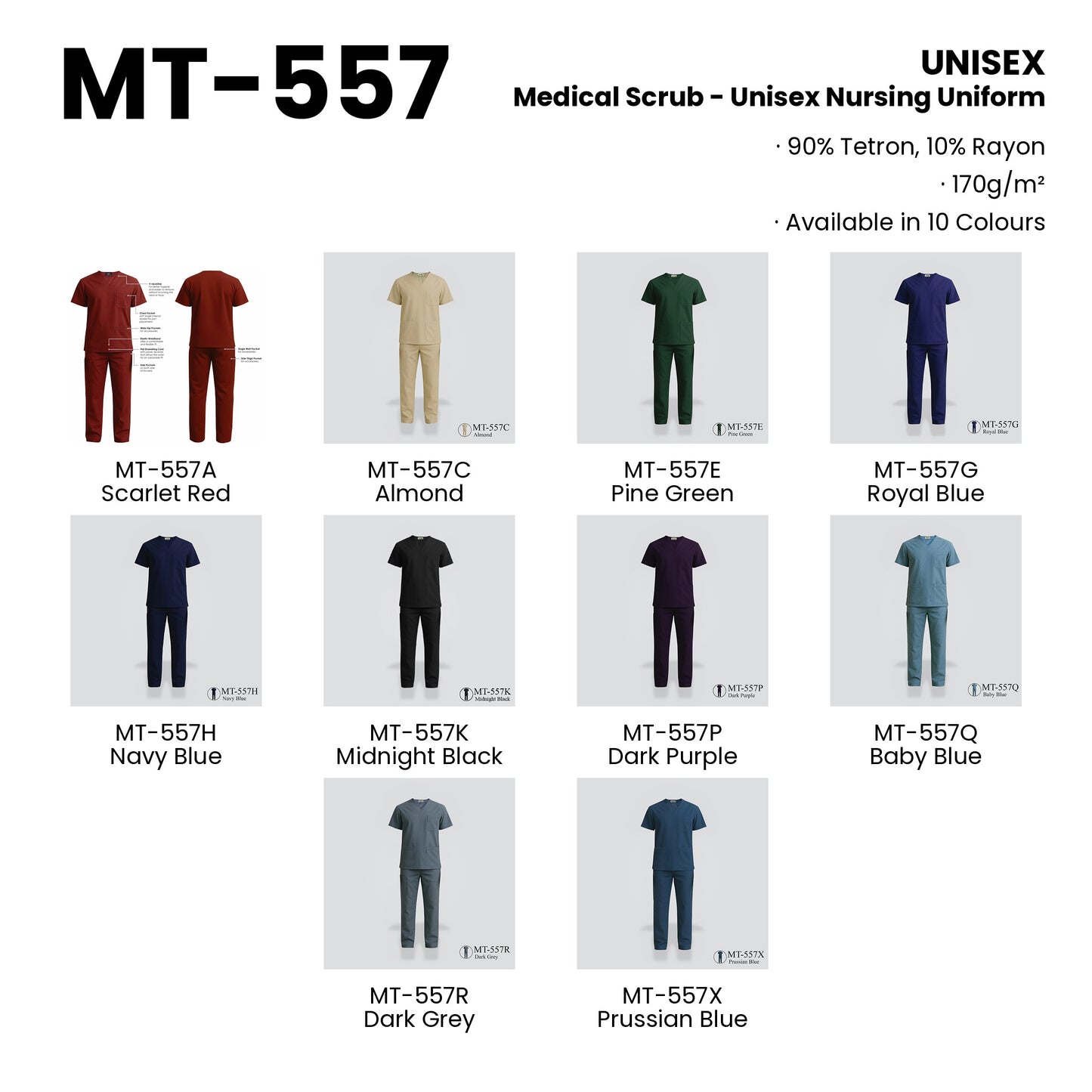 MT-557 — all 10 colourways with codes and names
