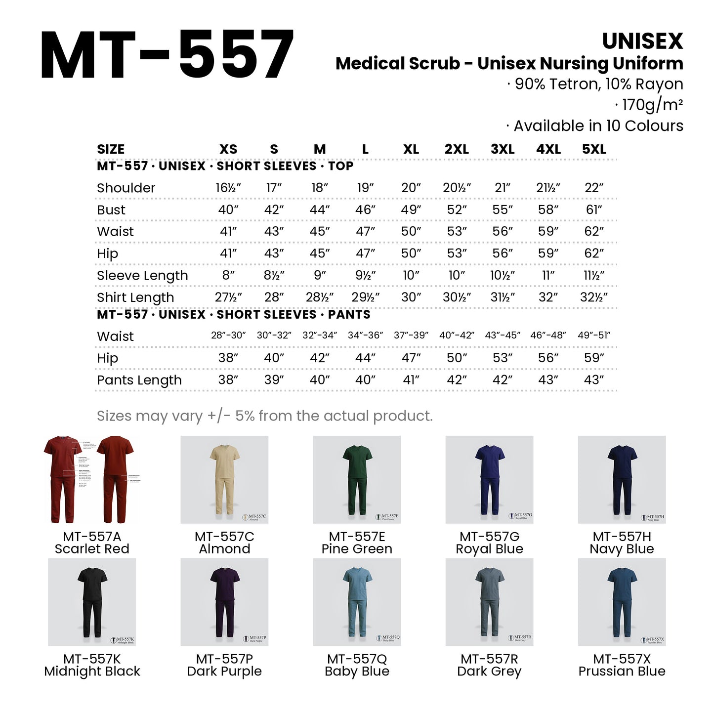 MT-557 size chart and all 10 colourways with codes and names