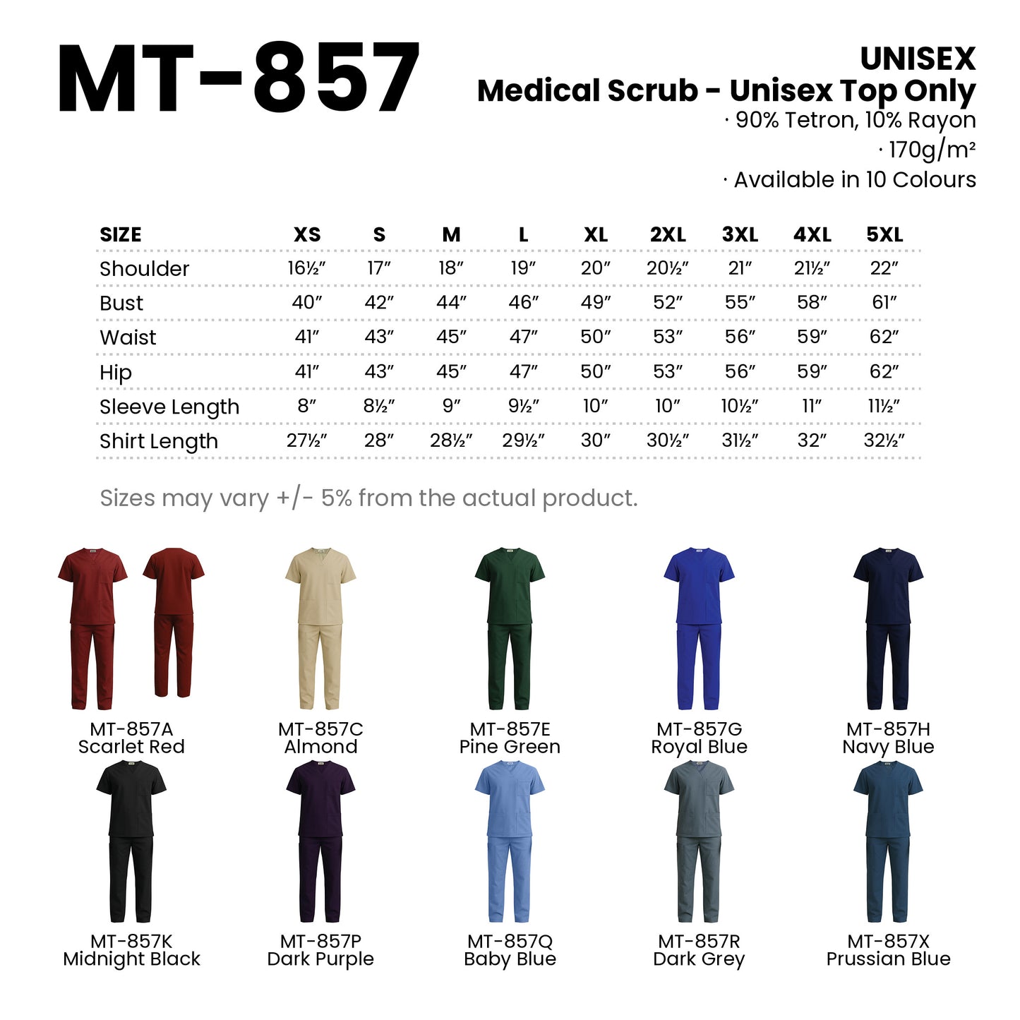 MT-857 size chart and all 10 colourways with codes and names