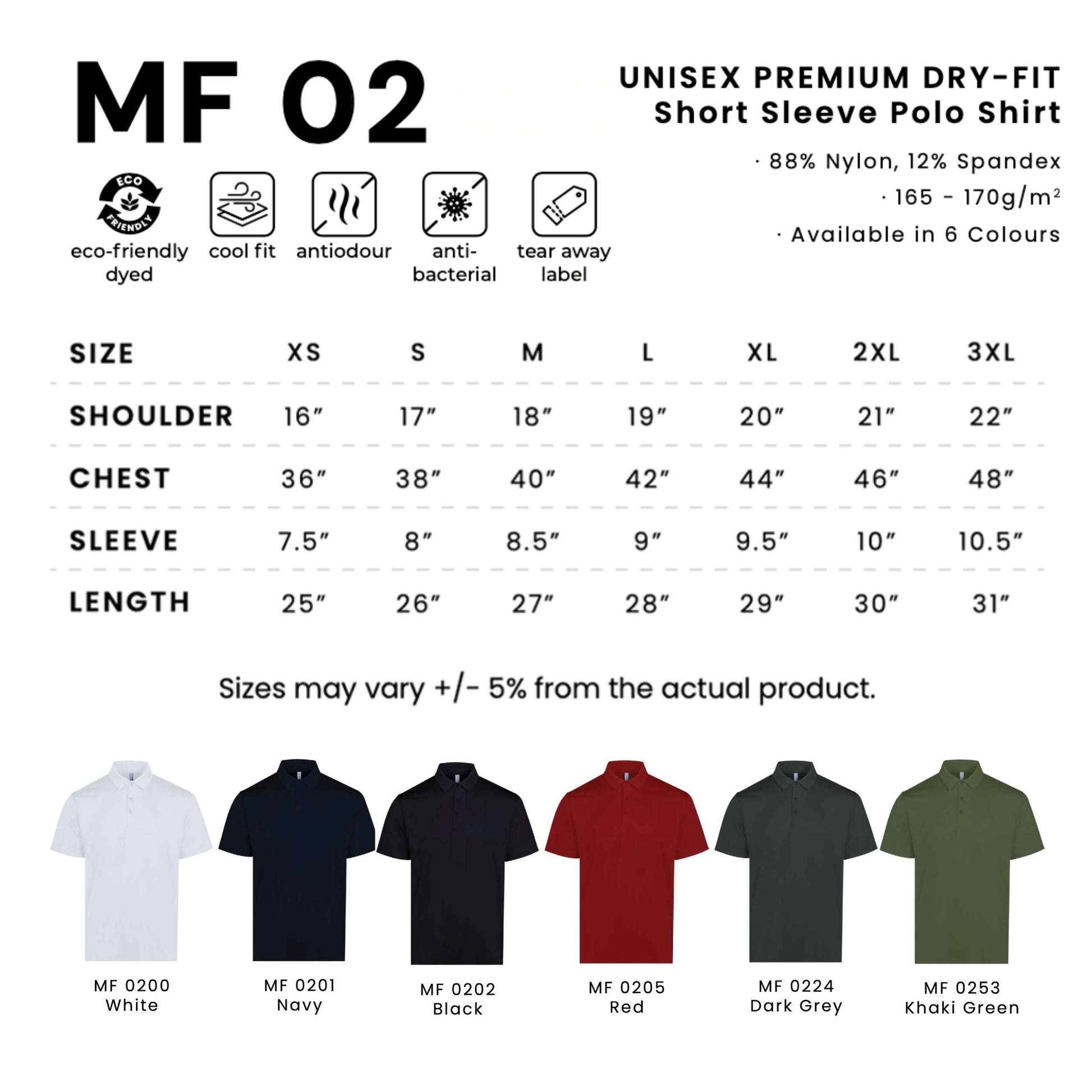MF02 premium dry-fit polo size chart XS–3XL with shoulder, chest, sleeve and length measurements and all 6 colours