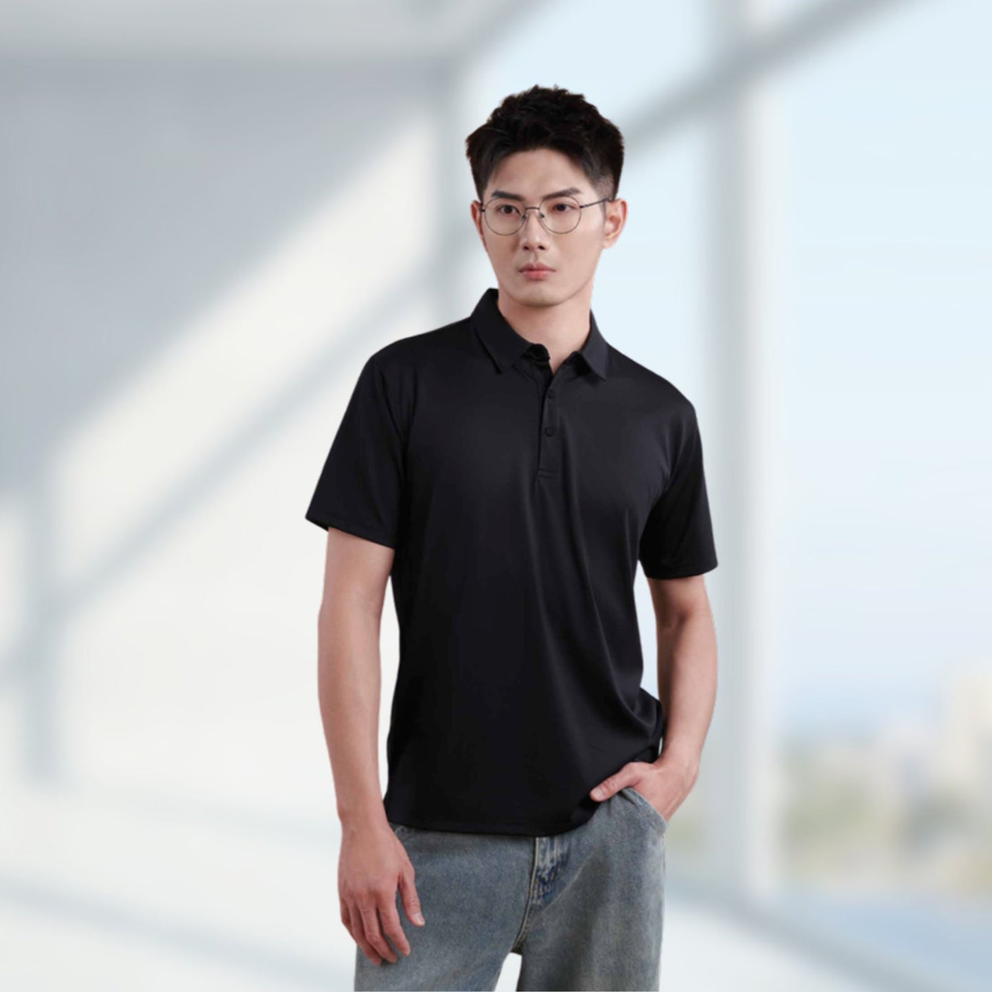 Man wearing MF02 premium dry-fit polo shirt 170gsm in black – custom logo printing & embroidery Malaysia